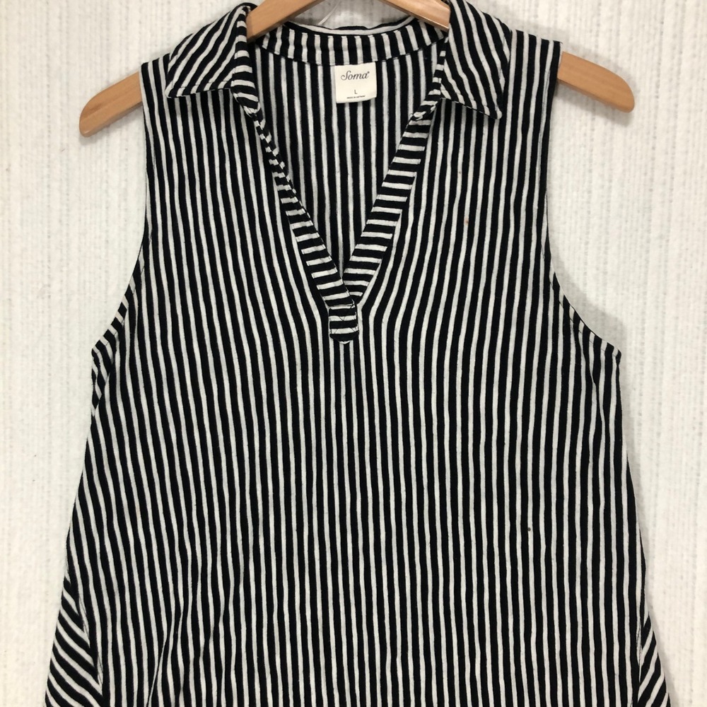 Soma Black White Stripe Sleeveless‎ V Neck Tunic Top Womens Size L